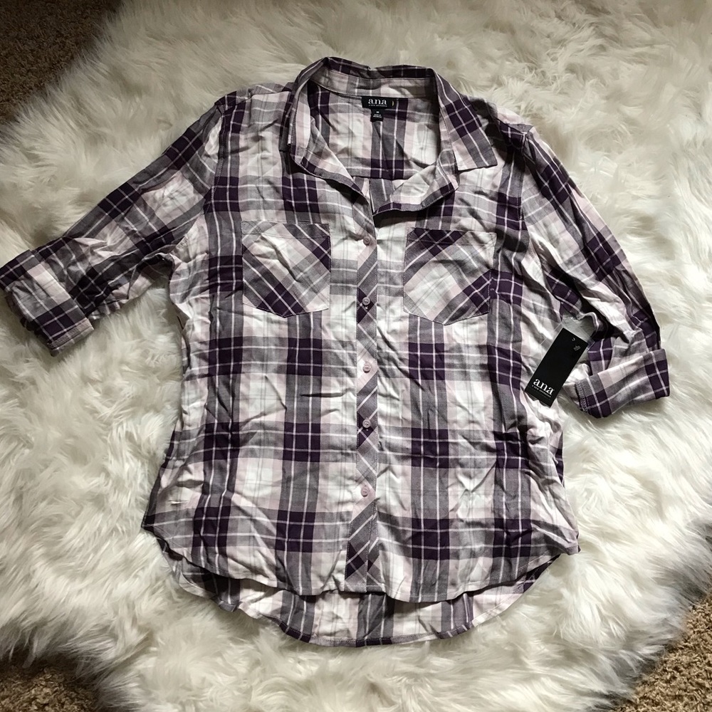 a.n.a Purple & Cream Plaid Top